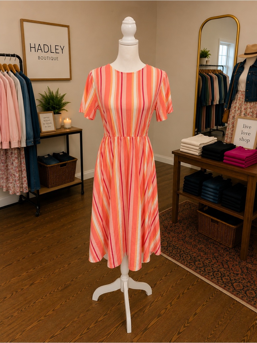 Tickled Teal Coral Pink Striped Midi Dress Size Large NWT